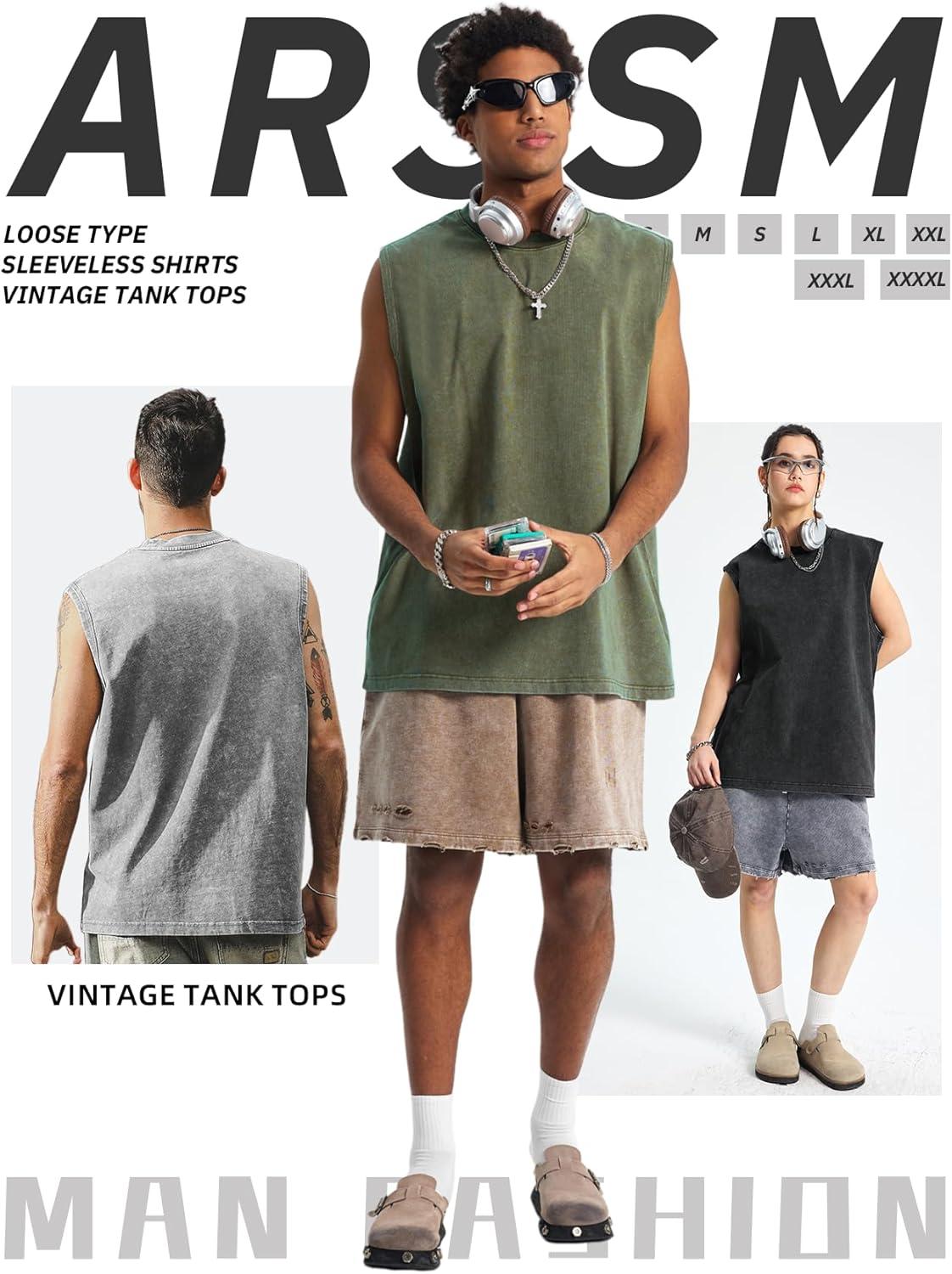 image:imageArssm Sleeveless Shirts for Men Tank Tops Cotton Acid Wash Tees Muscle Workout Running Tank TopsBlackgreyarmy