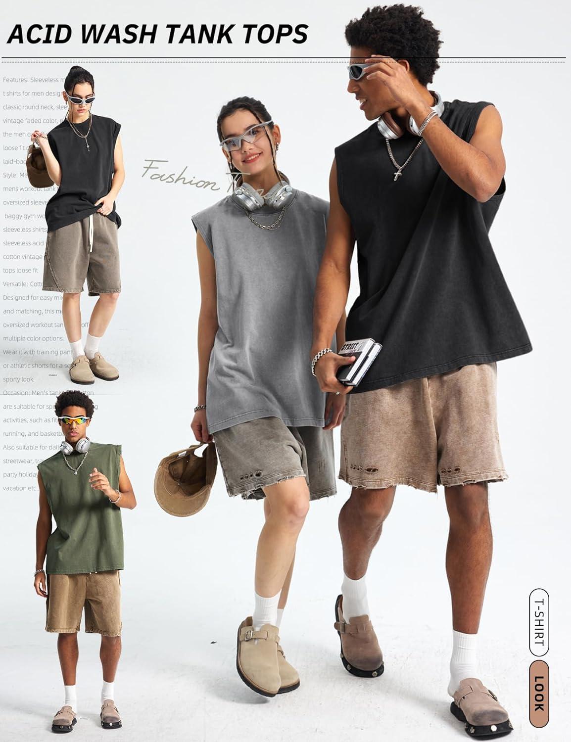 image:imageArssm Sleeveless Shirts for Men Tank Tops Cotton Acid Wash Tees Muscle Workout Running Tank TopsBlackgreyarmy