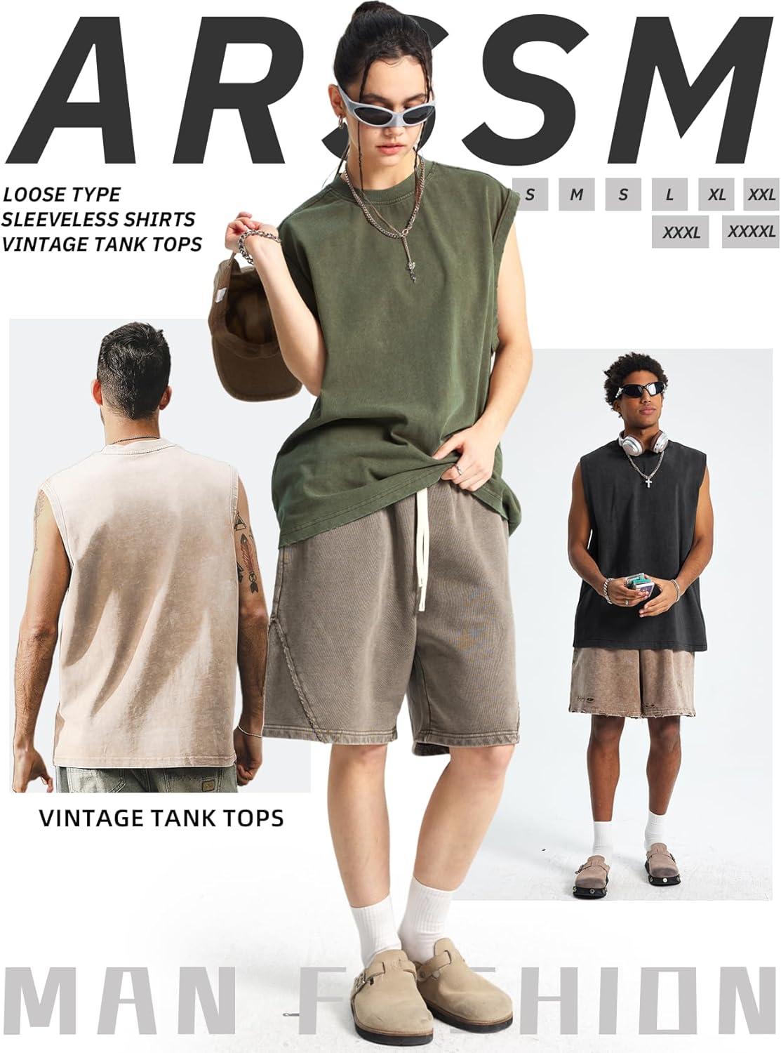 image:imageArssm Sleeveless Shirts for Men Tank Tops Cotton Acid Wash Tees Muscle Workout Running Tank TopsBlackgreyarmybeige