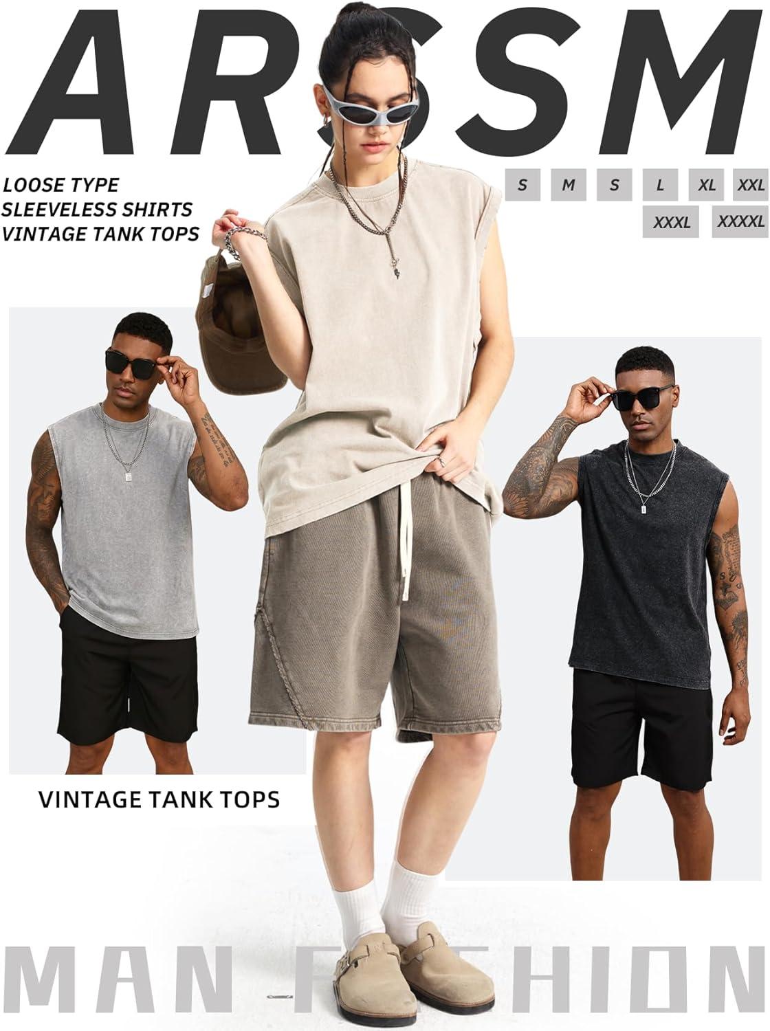 image:imageArssm Sleeveless Shirts for Men Tank Tops Cotton Acid Wash Tees Muscle Workout Running Tank TopsBlackgreybeige