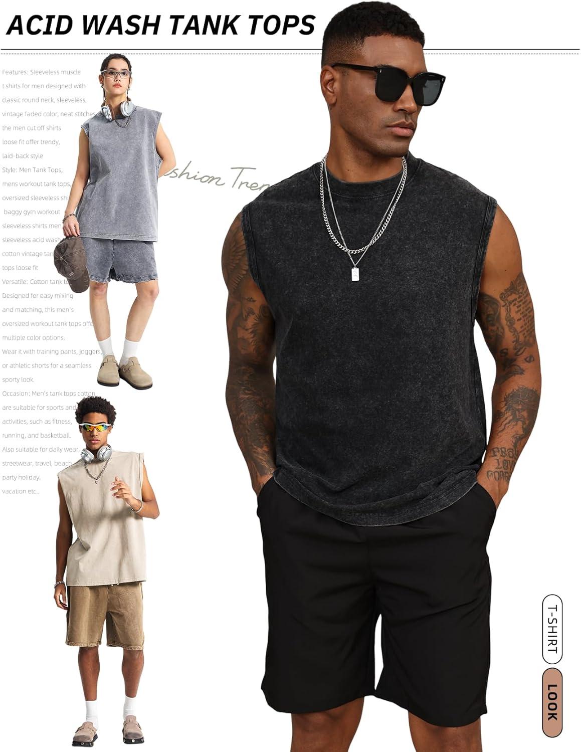 image:imageArssm Sleeveless Shirts for Men Tank Tops Cotton Acid Wash Tees Muscle Workout Running Tank TopsBlackgreybeige