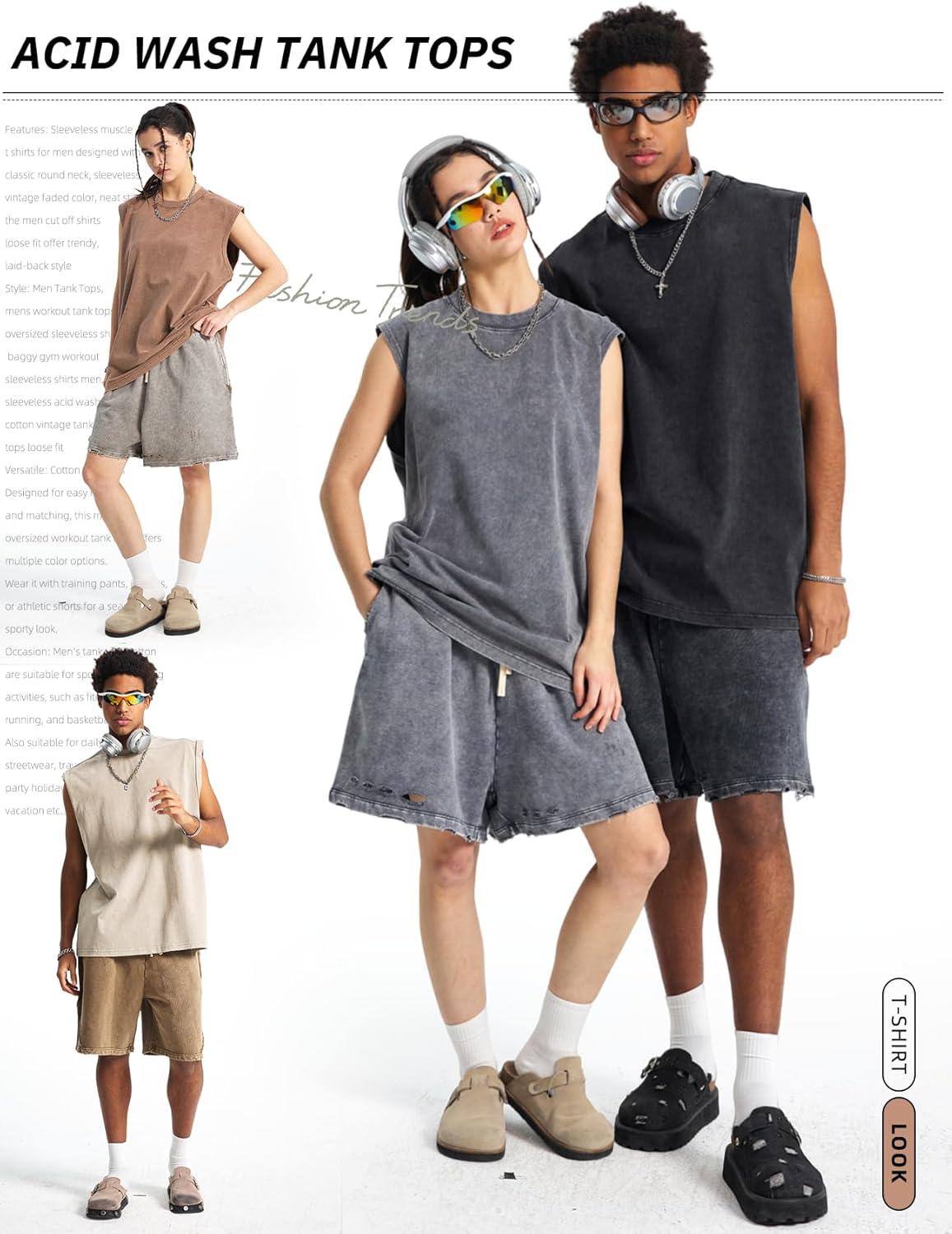 image:imageArssm Sleeveless Shirts for Men Tank Tops Cotton Acid Wash Tees Muscle Workout Running Tank TopsBlackgreybeigekhaki