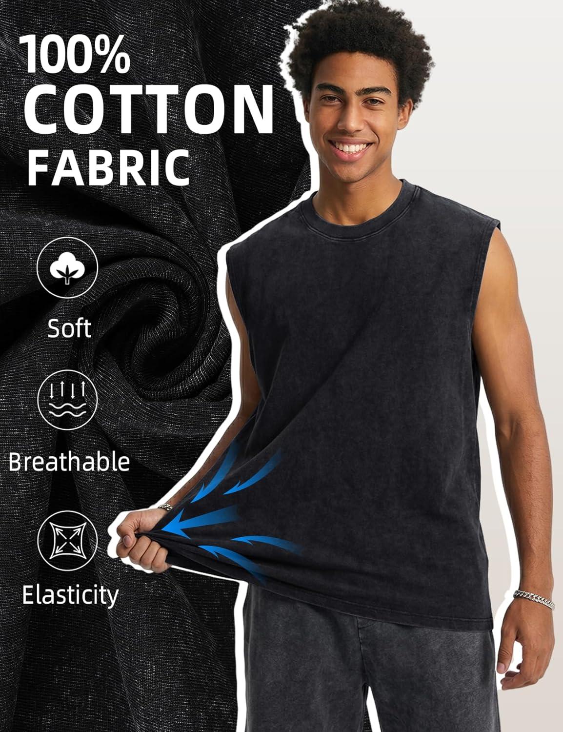 image:imageArssm Sleeveless Shirts for Men Tank Tops Cotton Acid Wash Tees Muscle Workout Running Tank TopsBlackgreybeigekhaki