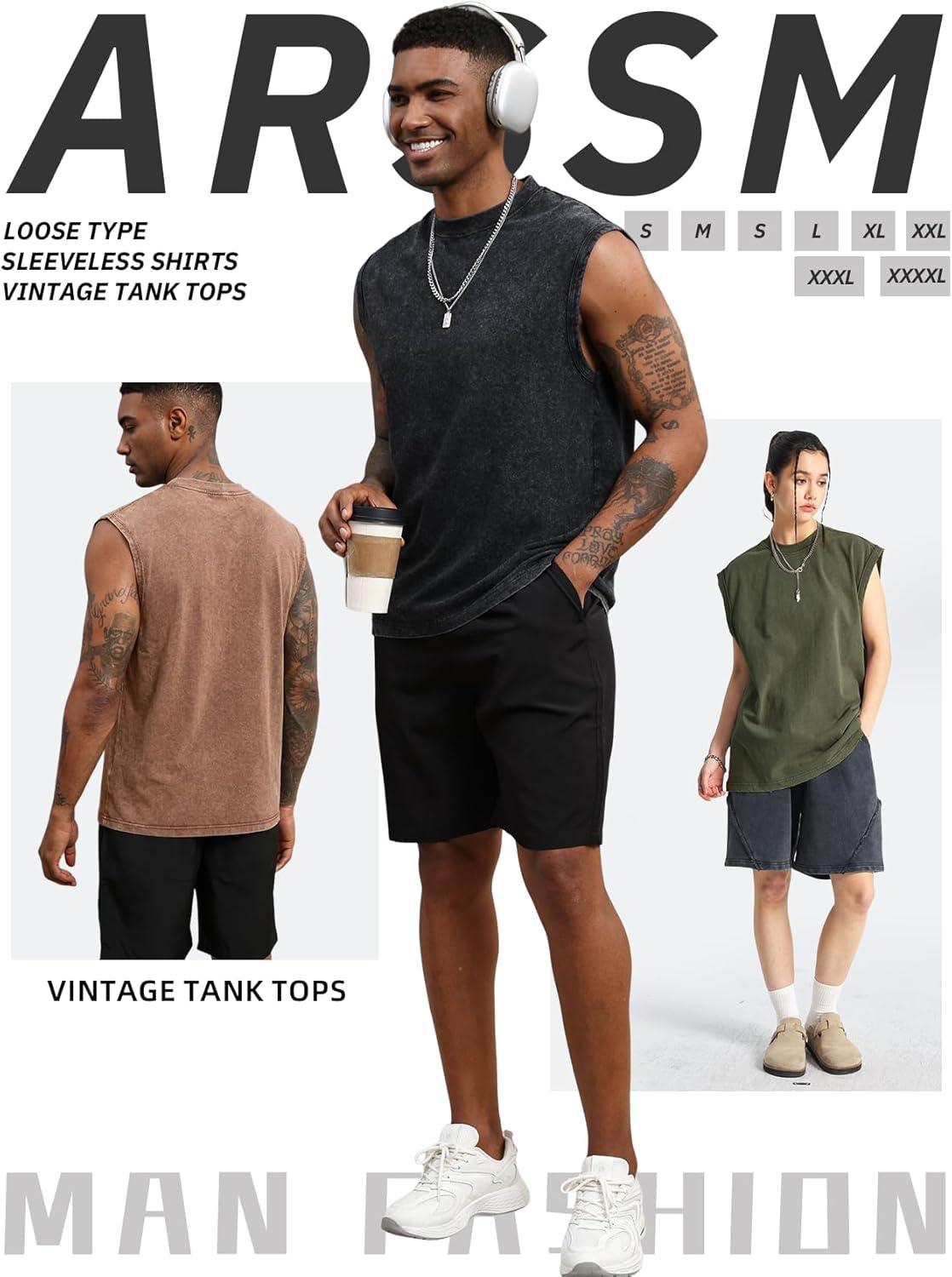 image:imageArssm Sleeveless Shirts for Men Tank Tops Cotton Acid Wash Tees Muscle Workout Running Tank TopsBlackkhakiarmy