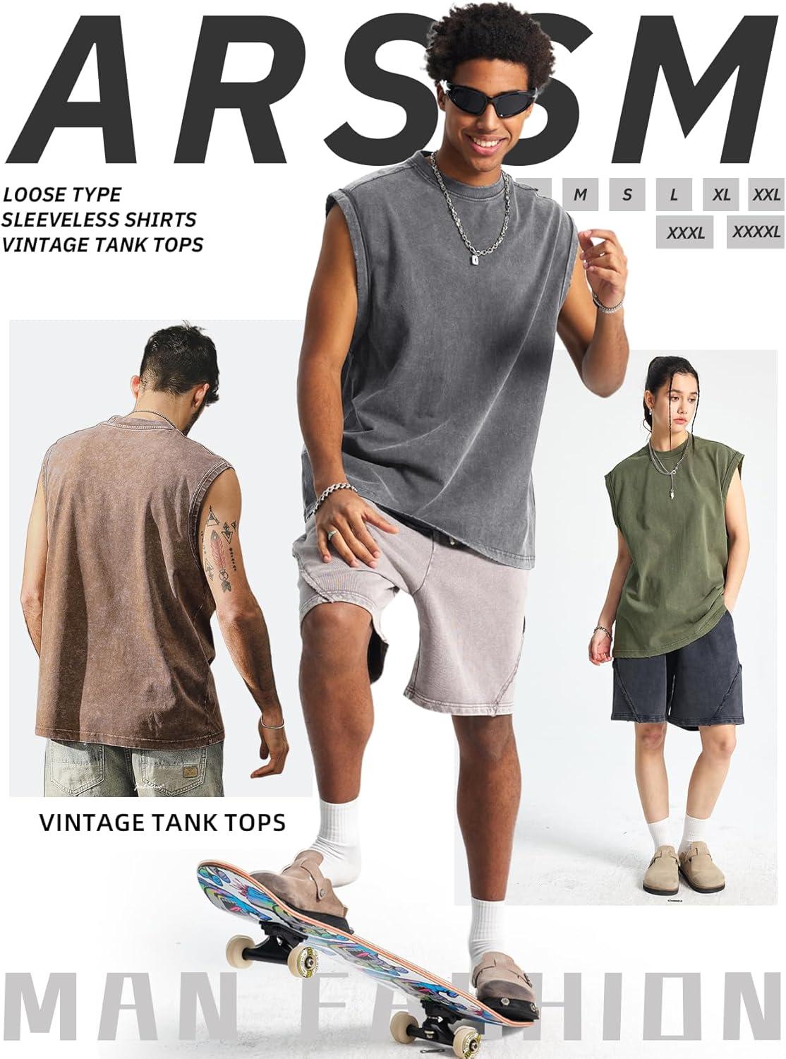 image:imageArssm Sleeveless Shirts for Men Tank Tops Cotton Acid Wash Tees Muscle Workout Running Tank TopsBlackkhakiarmygrey