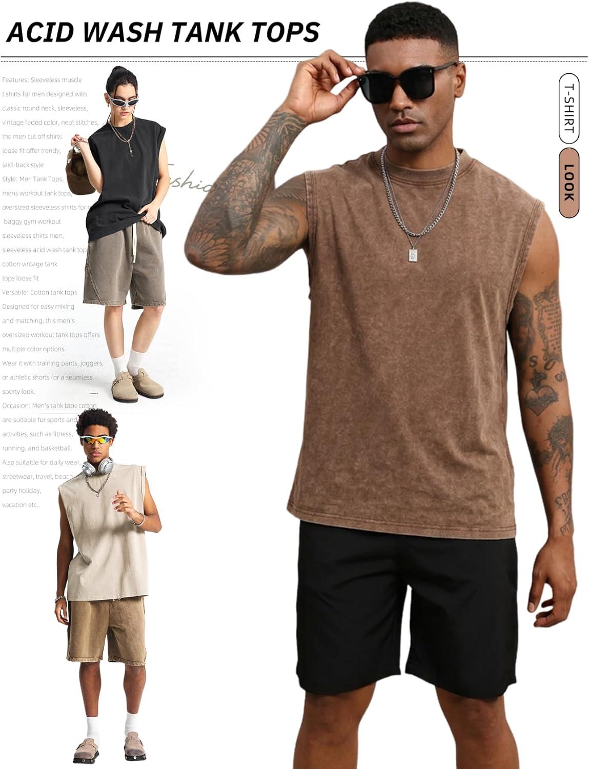 image:imageArssm Sleeveless Shirts for Men Tank Tops Cotton Acid Wash Tees Muscle Workout Running Tank TopsBlackkhakibeige