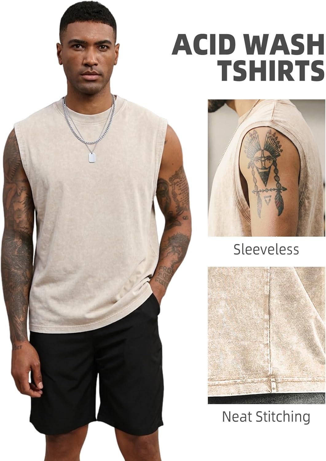 image:imageArssm Sleeveless Shirts for Men Tank Tops Cotton Acid Wash Tees Muscle Workout Running Tank TopsBlackkhakibeige