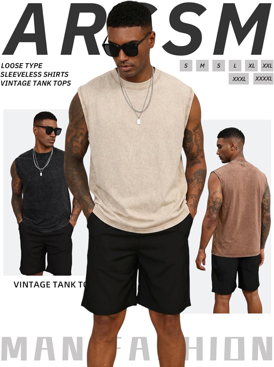 image:imageArssm Sleeveless Shirts for Men Tank Tops Cotton Acid Wash Tees Muscle Workout Running Tank TopsBlackkhakibeige