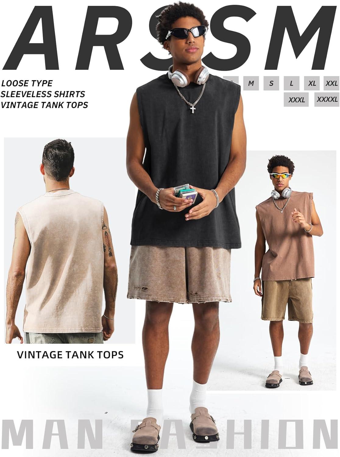 image:imageArssm Sleeveless Shirts for Men Tank Tops Cotton Acid Wash Tees Muscle Workout Running Tank TopsBlackkhakibeigearmy