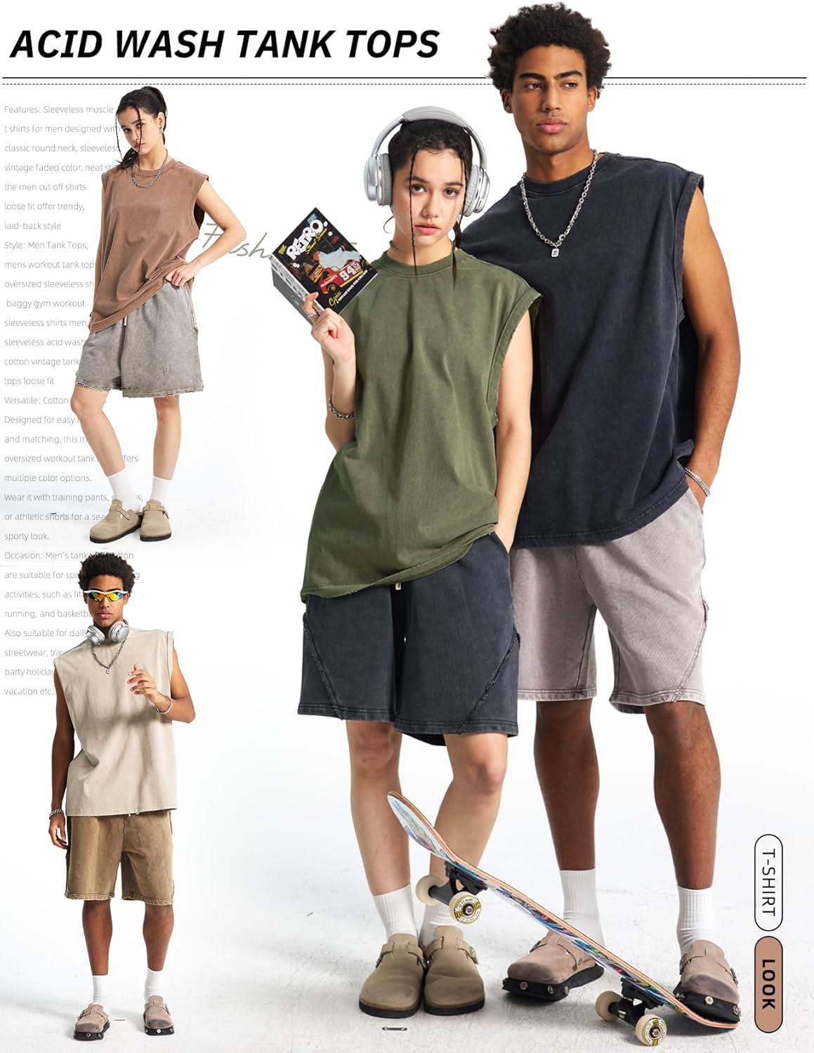 image:imageArssm Sleeveless Shirts for Men Tank Tops Cotton Acid Wash Tees Muscle Workout Running Tank TopsBlackkhakibeigearmy