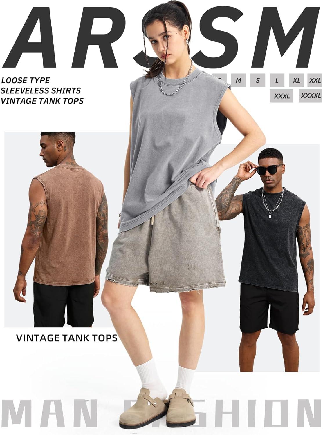 image:imageArssm Sleeveless Shirts for Men Tank Tops Cotton Acid Wash Tees Muscle Workout Running Tank TopsBlackkhakigrey