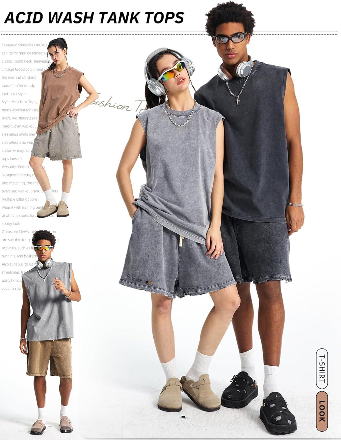 image:imageArssm Sleeveless Shirts for Men Tank Tops Cotton Acid Wash Tees Muscle Workout Running Tank TopsBlackkhakigrey