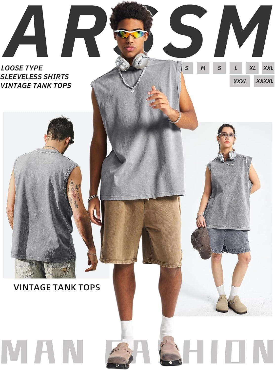 image:imageArssm Sleeveless Shirts for Men Tank Tops Cotton Acid Wash Tees Muscle Workout Running Tank TopsGrey