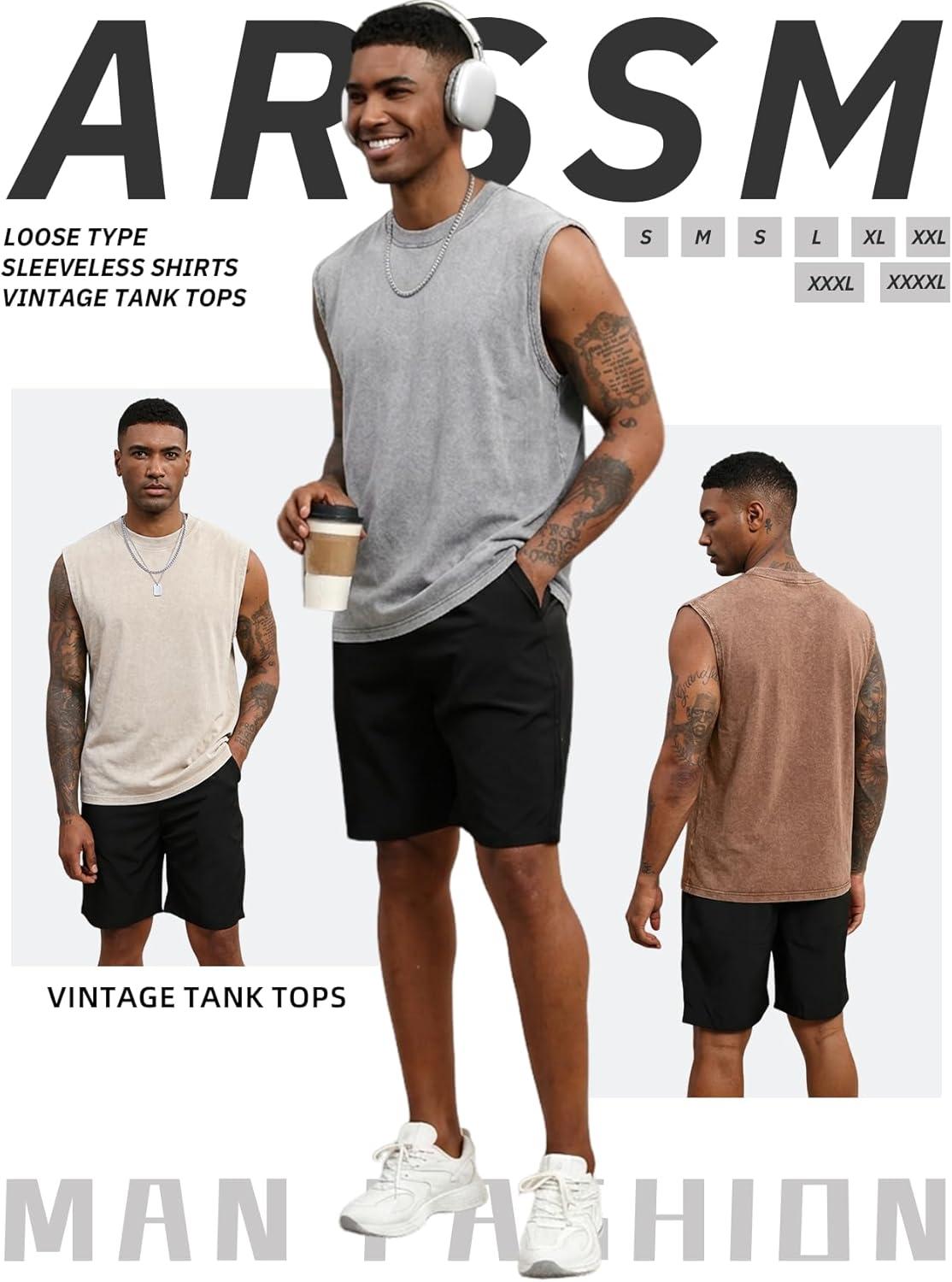 image:imageArssm Sleeveless Shirts for Men Tank Tops Cotton Acid Wash Tees Muscle Workout Running Tank TopsGreykhakibeige