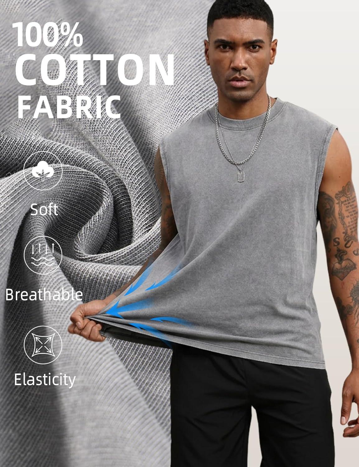 image:imageArssm Sleeveless Shirts for Men Tank Tops Cotton Acid Wash Tees Muscle Workout Running Tank TopsGreykhakibeige