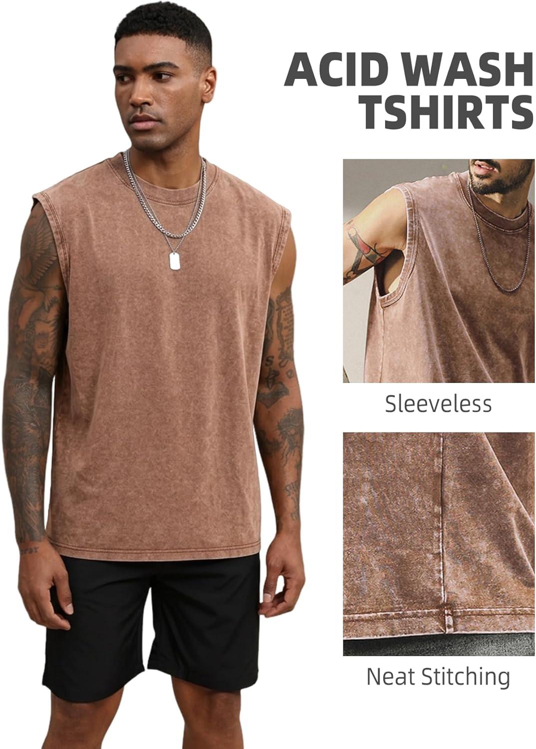 image:imageArssm Sleeveless Shirts for Men Tank Tops Cotton Acid Wash Tees Muscle Workout Running Tank TopsKhaki