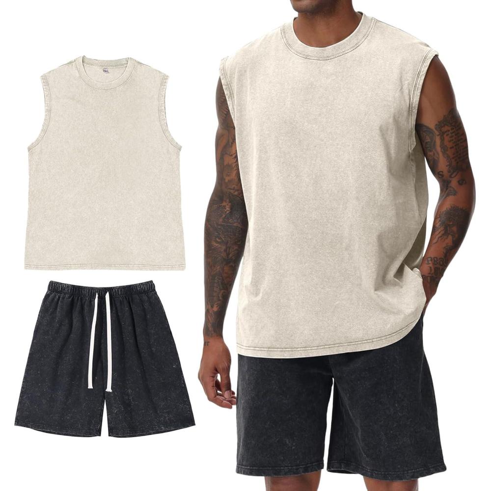 image:imageArssm Mens 2 Piece Outfits Acid Wash Sleeveless Shirts and Shorts Summer Cotton Gym TracksuitsBeigeblack