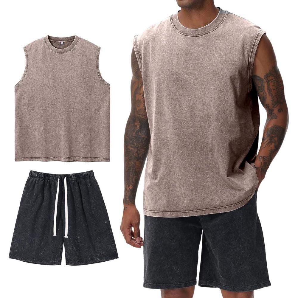 image:imageArssm Mens 2 Piece Outfits Acid Wash Sleeveless Shirts and Shorts Summer Cotton Gym TracksuitsKhakiblack