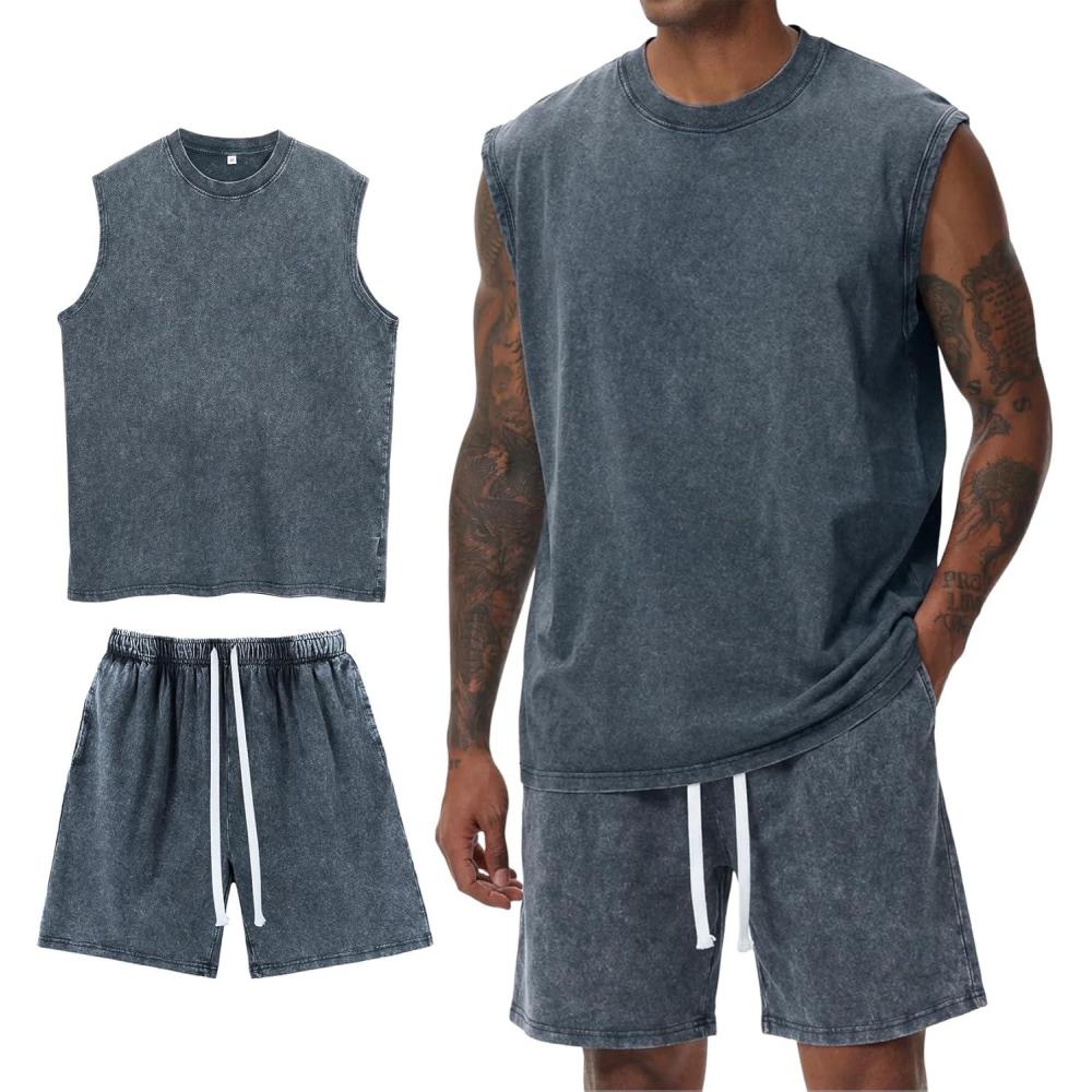 image:imageArssm Mens 2 Piece Outfits Acid Wash Sleeveless Shirts and Shorts Summer Cotton Gym TracksuitsNavy