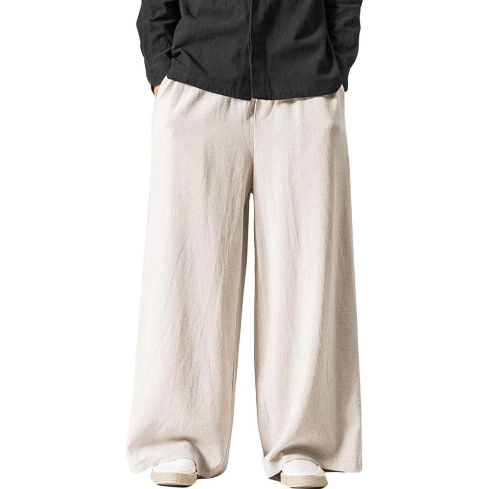 image:imageArssm Mens Cotton Linen Pants Wide Leg Baggy Pants Elastic Waist Casual Summer Beach Palazzo TrousersBeige