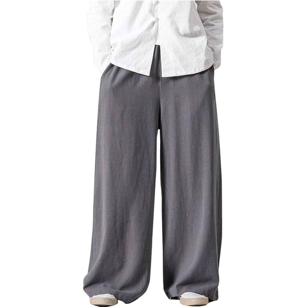 image:imageArssm Mens Cotton Linen Pants Wide Leg Baggy Pants Elastic Waist Casual Summer Beach Palazzo TrousersGrey