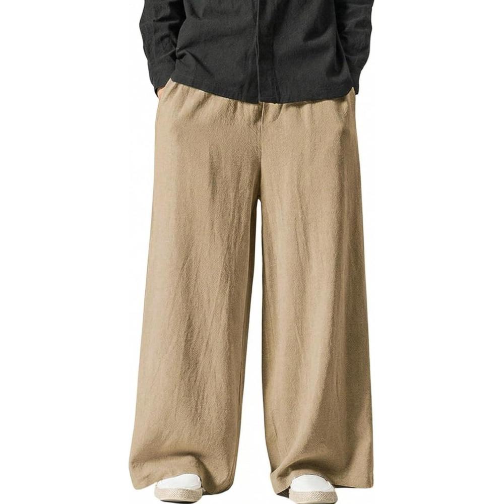 image:imageArssm Mens Cotton Linen Pants Wide Leg Baggy Pants Elastic Waist Casual Summer Beach Palazzo TrousersKhaki