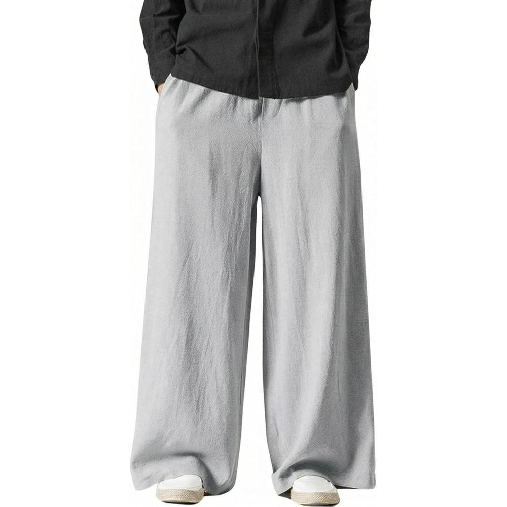 image:imageArssm Mens Cotton Linen Pants Wide Leg Baggy Pants Elastic Waist Casual Summer Beach Palazzo TrousersLightgrey