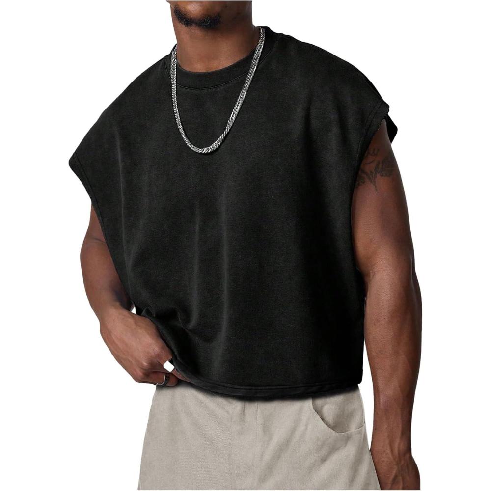 image:imageArssm Mens Crop T Shirts Acid Wash Tank Top Dolman Sleeve Vintage Crewneck Loose Pullover TopBlack
