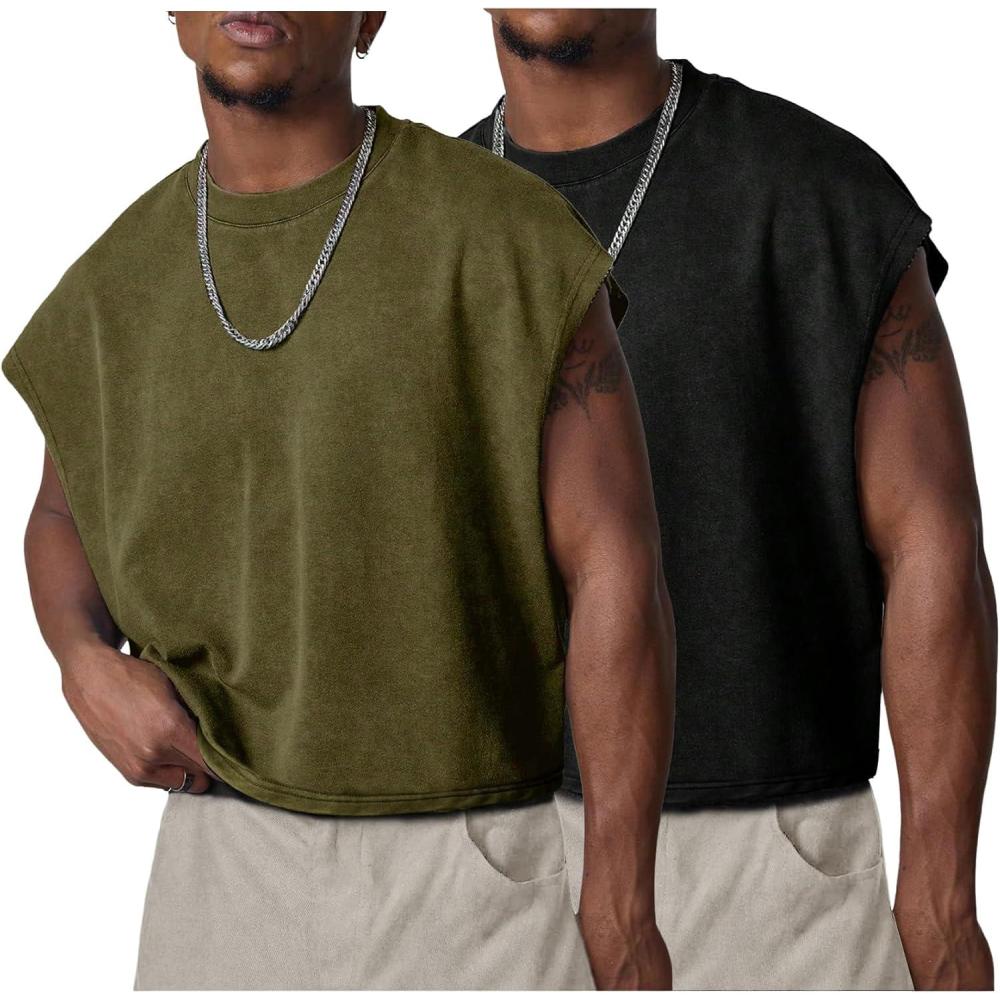image:imageArssm Mens Crop T Shirts Acid Wash Tank Top Dolman Sleeve Vintage Crewneck Loose Pullover TopBlackarmy
