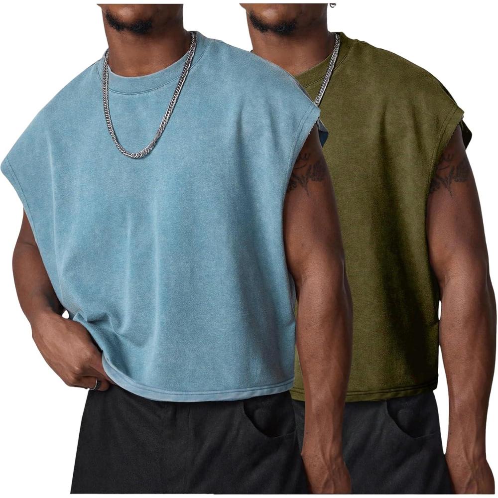 image:imageArssm Mens Crop T Shirts Acid Wash Tank Top Dolman Sleeve Vintage Crewneck Loose Pullover TopBluearmy