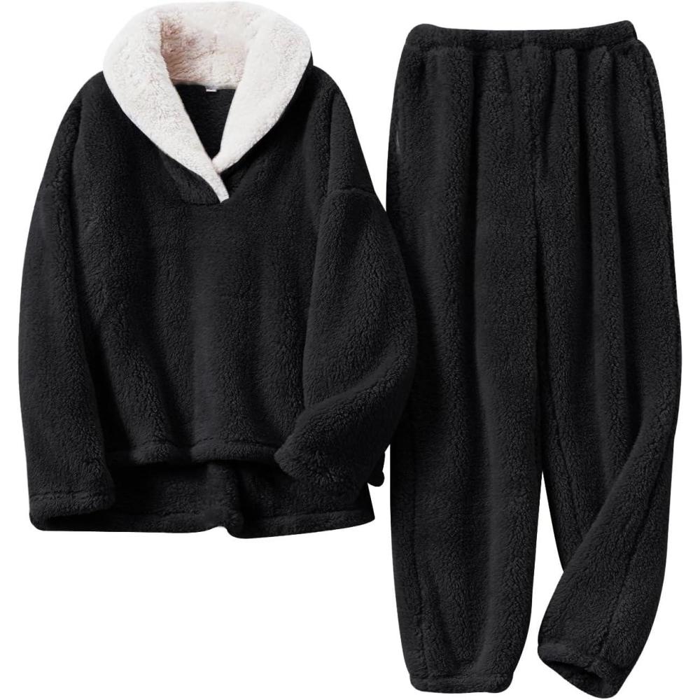 image:imageArssm Mens Fluffy Pajamas Set 2 Piece Fleece Pjs Loose Plush Winter Warm Cozy Loungewear SleepwearBlack