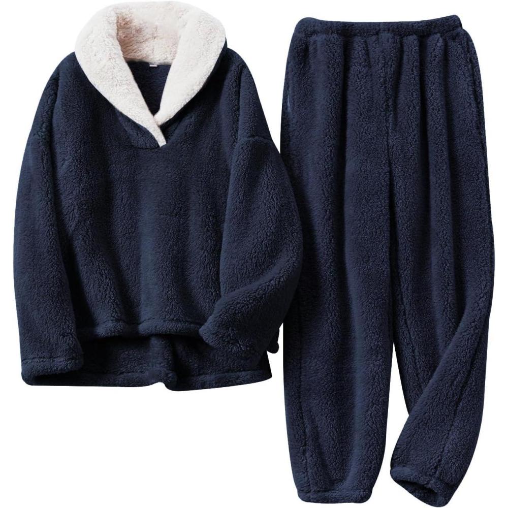 image:imageArssm Mens Fluffy Pajamas Set 2 Piece Fleece Pjs Loose Plush Winter Warm Cozy Loungewear SleepwearDarkblue