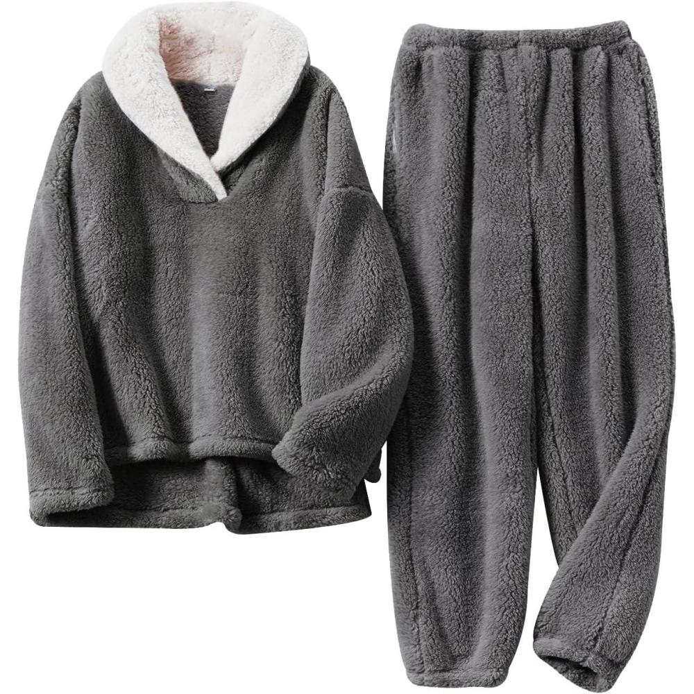 image:imageArssm Mens Fluffy Pajamas Set 2 Piece Fleece Pjs Loose Plush Winter Warm Cozy Loungewear SleepwearDarkgrey
