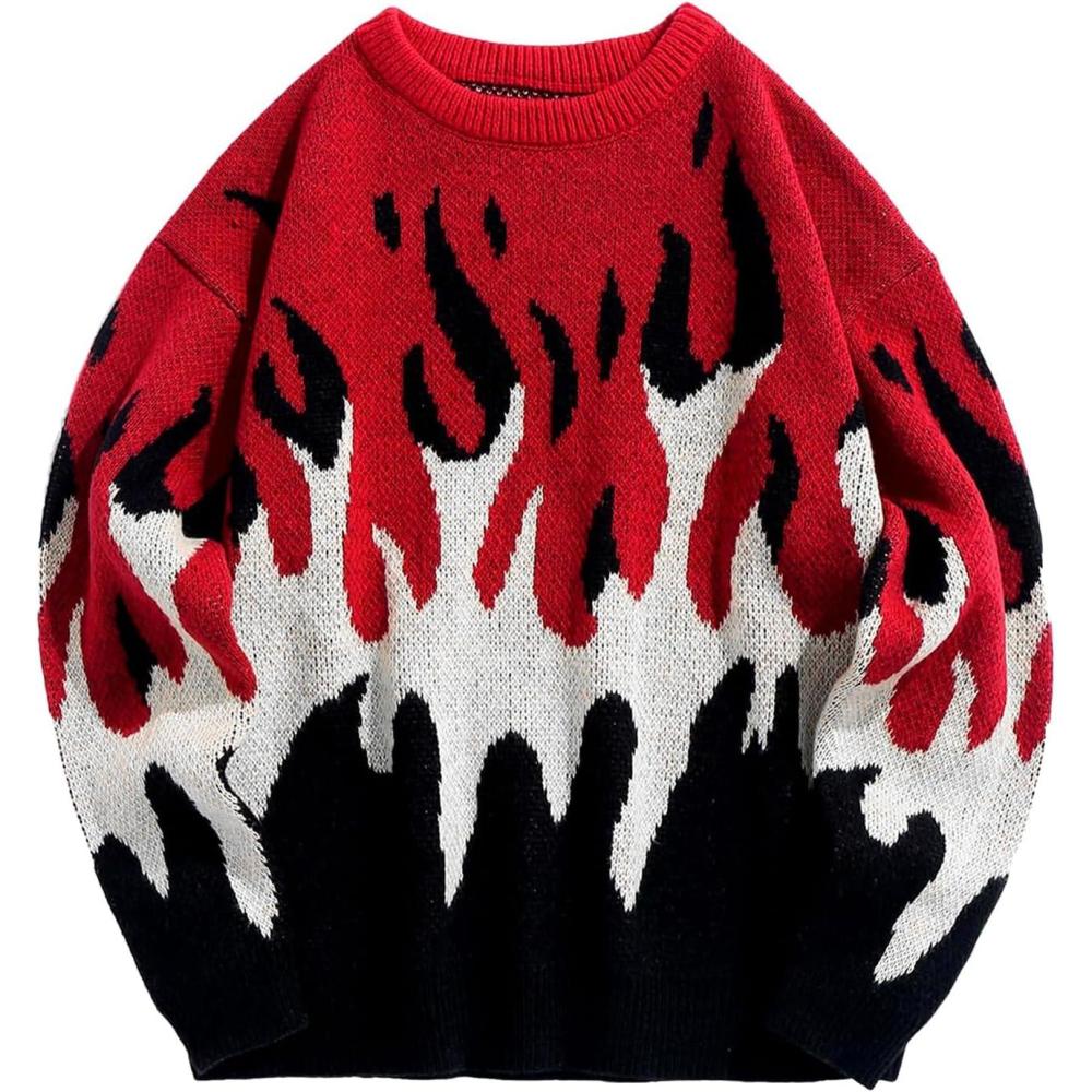 image:imageArssm Mens Oversized Sweater Graphic Knit Aesthetic Crewneck Streetwear Pullover Jumper TopsRed