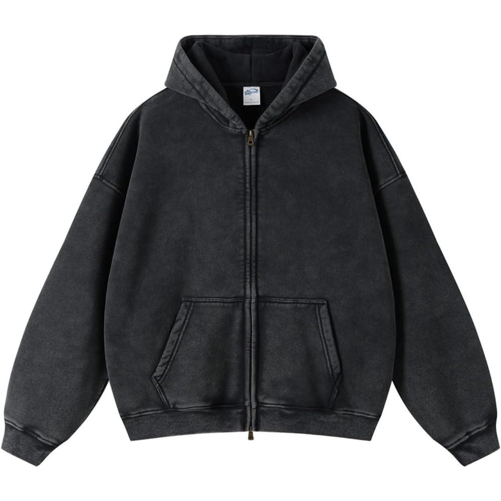 image:imageArssm Mens Oversized Zip Up Hoodies Jackets Fleece Vintage Acid Wash Cotton Heavyweight Distressed SweatshirtBlack