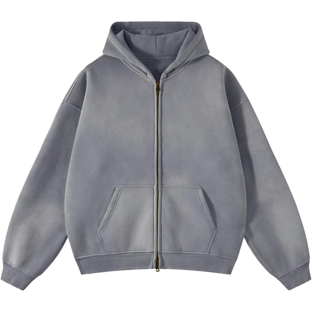 image:imageArssm Mens Oversized Zip Up Hoodies Jackets Fleece Vintage Acid Wash Cotton Heavyweight Distressed SweatshirtDarkgrey
