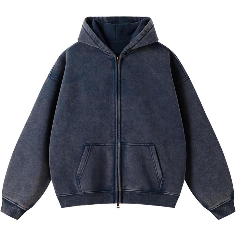 image:imageArssm Mens Oversized Zip Up Hoodies Jackets Fleece Vintage Acid Wash Cotton Heavyweight Distressed SweatshirtNavy