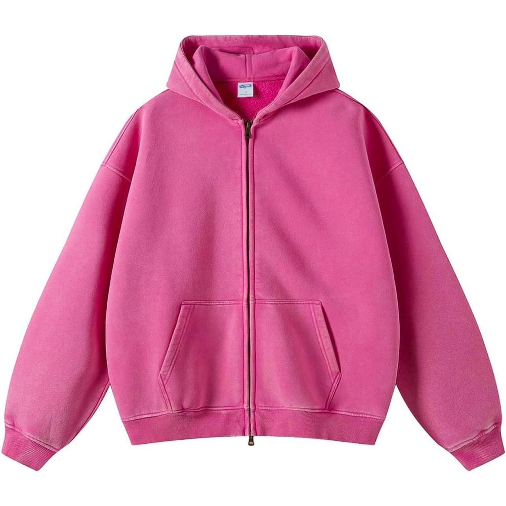 image:imageArssm Mens Oversized Zip Up Hoodies Jackets Fleece Vintage Acid Wash Cotton Heavyweight Distressed SweatshirtPink