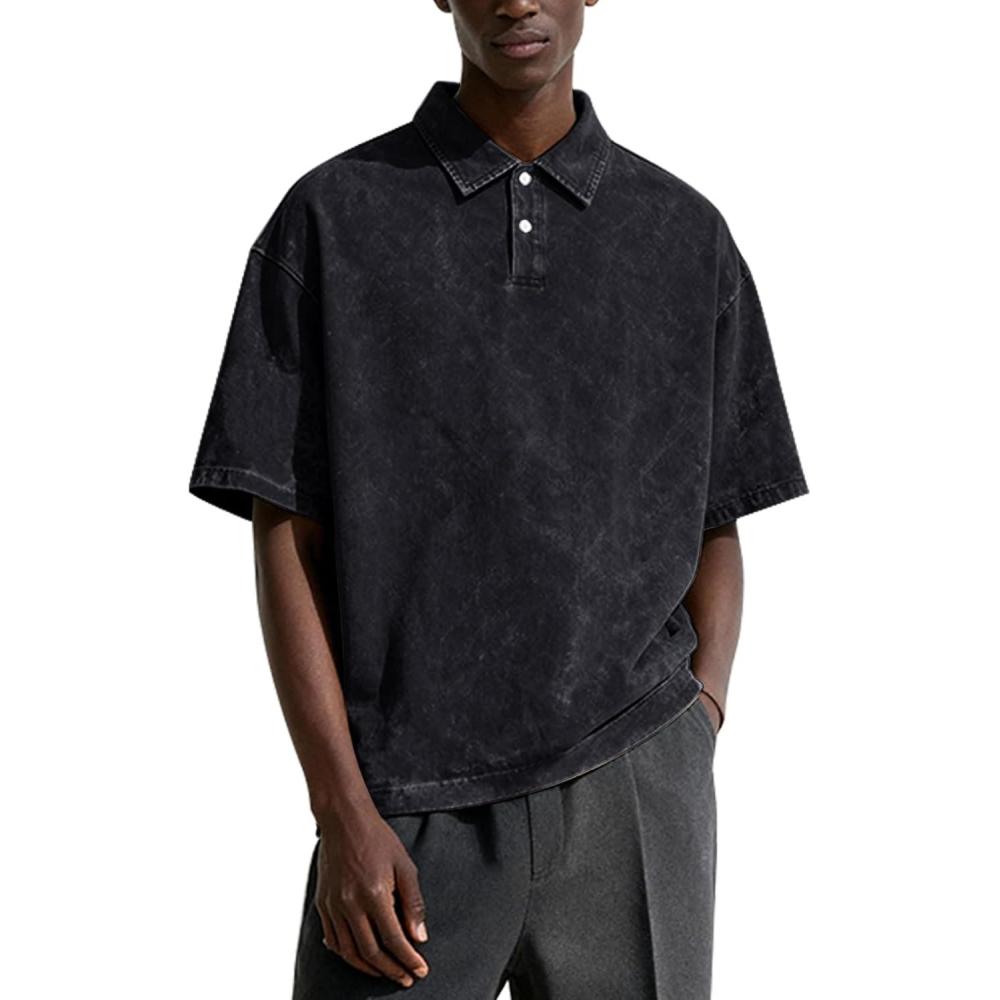 image:imageArssm Mens Polo Shirts Acid Washed Cotton Overzied T Shirts Baggy Short Sleeve Vintage Polo ShirtsBlack