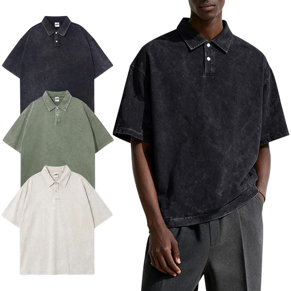image:imageArssm Mens Polo Shirts Acid Washed Cotton Overzied T Shirts Baggy Short Sleeve Vintage Polo ShirtsBlackbeigearmy