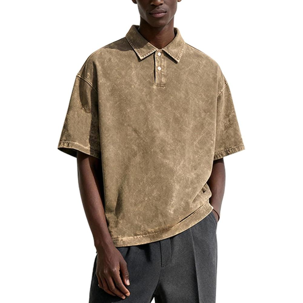 image:imageArssm Mens Polo Shirts Acid Washed Cotton Overzied T Shirts Baggy Short Sleeve Vintage Polo ShirtsKhaki