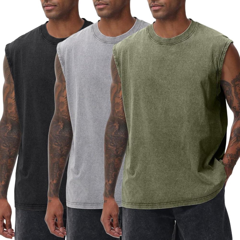 image:imageArssm Sleeveless Shirts for Men Tank Tops Cotton Acid Wash Tees Muscle Workout Running Tank TopsBlackgreyarmy