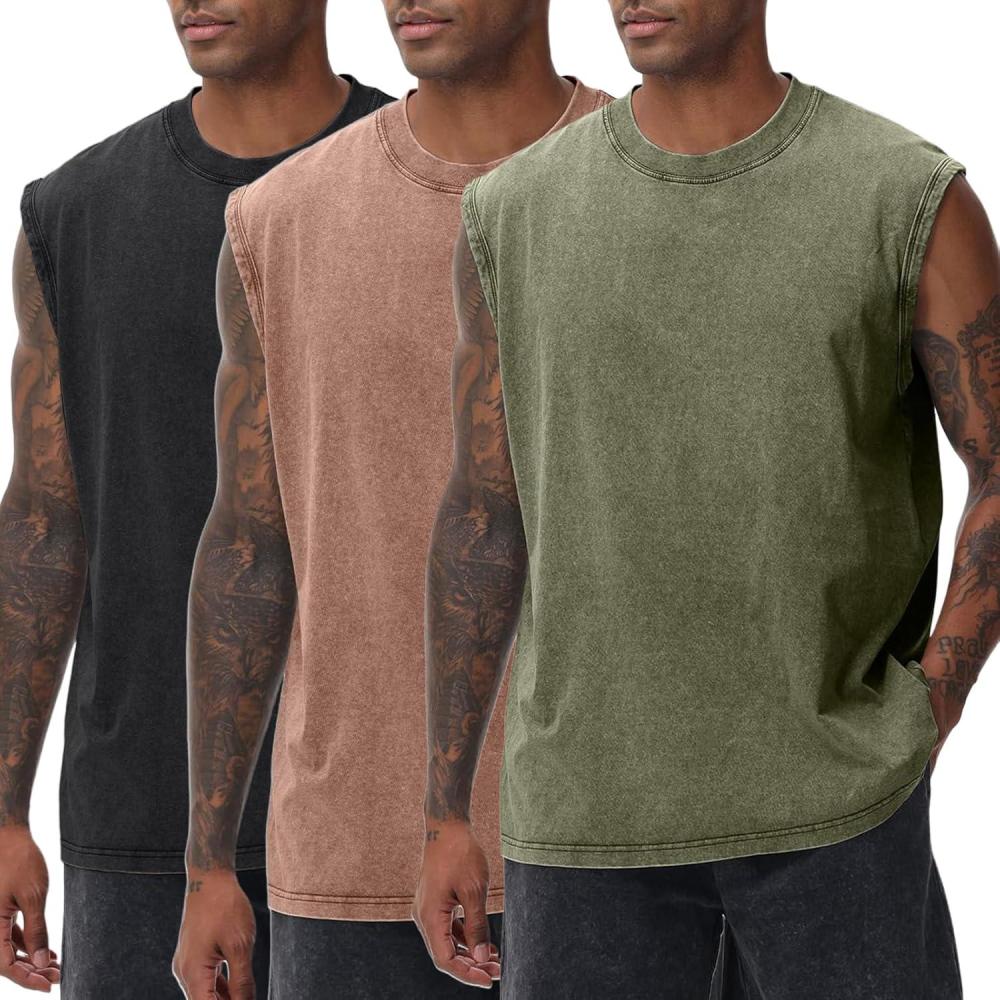 image:imageArssm Sleeveless Shirts for Men Tank Tops Cotton Acid Wash Tees Muscle Workout Running Tank TopsBlackkhakiarmy