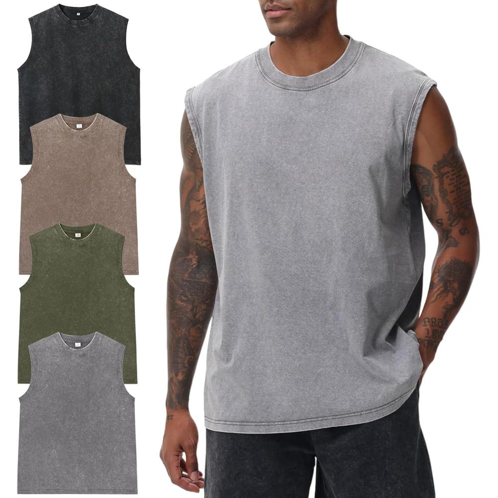 image:imageArssm Sleeveless Shirts for Men Tank Tops Cotton Acid Wash Tees Muscle Workout Running Tank TopsBlackkhakiarmygrey