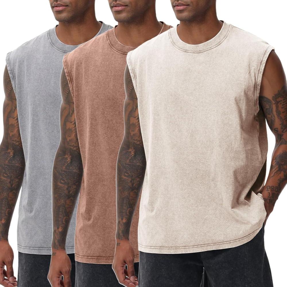 image:imageArssm Sleeveless Shirts for Men Tank Tops Cotton Acid Wash Tees Muscle Workout Running Tank TopsGreykhakibeige