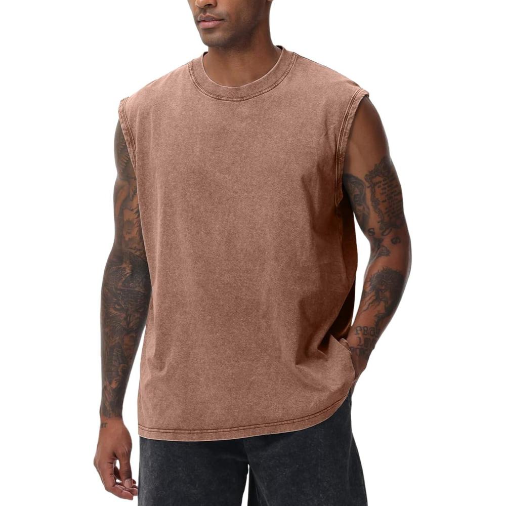 image:imageArssm Sleeveless Shirts for Men Tank Tops Cotton Acid Wash Tees Muscle Workout Running Tank TopsKhaki