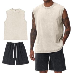 Arssm Mens 2 Piece Outfits Acid Wash Sleeveless Shirts and Shorts Summer Cotton Gym Tracksuits(Beigeblack)
