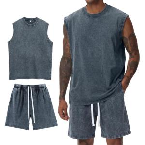 Arssm Mens 2 Piece Outfits Acid Wash Sleeveless Shirts and Shorts Summer Cotton Gym Tracksuits(Navy)