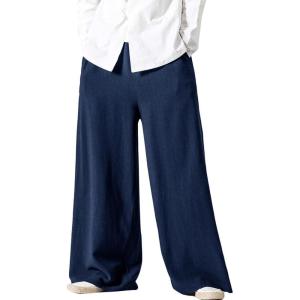 Arssm Mens Cotton Linen Pants Wide Leg Baggy Pants Elastic Waist Casual Summer Beach Palazzo Trousers(Navy)