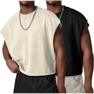 Arssm Men’s Crop T Shirts Acid Wash Tank Top Dolman Sleeve Vintage Crewneck Loose Pullover Top(Black+beige)